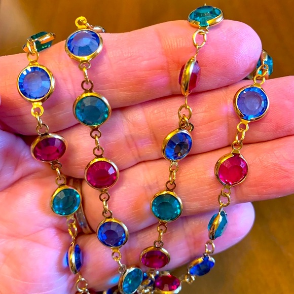 SWAROVSKI NECKLACE BRACELET GOLD PLATE AUSTRIAN CRYSTAL BLUE PINK GREEN 36" VTG - Picture 2 of 10